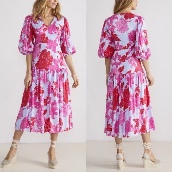 Vineyard Vines Kentucky Derby Seersucker Pink and White Floral Midi Dress size 6 - Picture 4 of 16